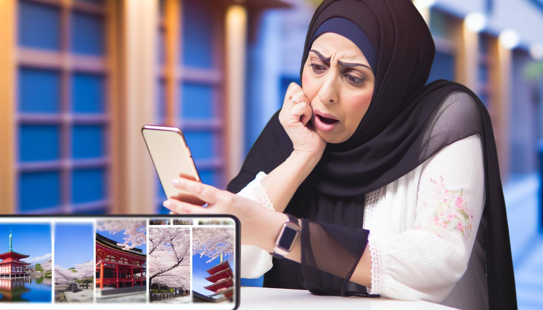 An image of a foreign tourist immersed in memories of their trip to Japan, sharing photos and videos on social media during the travel after period